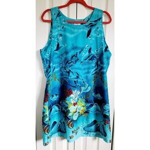 Surface‎ L Vintage Tank Dress Blue Sea Life Beaded Satiny Feel India Large